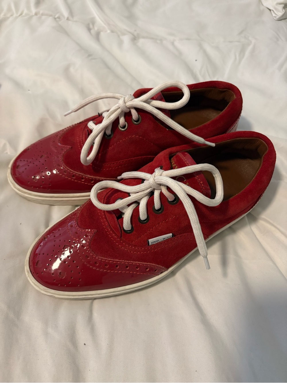 Jimmy Choo Red Suede & Patent Leather Oxford Sneakers